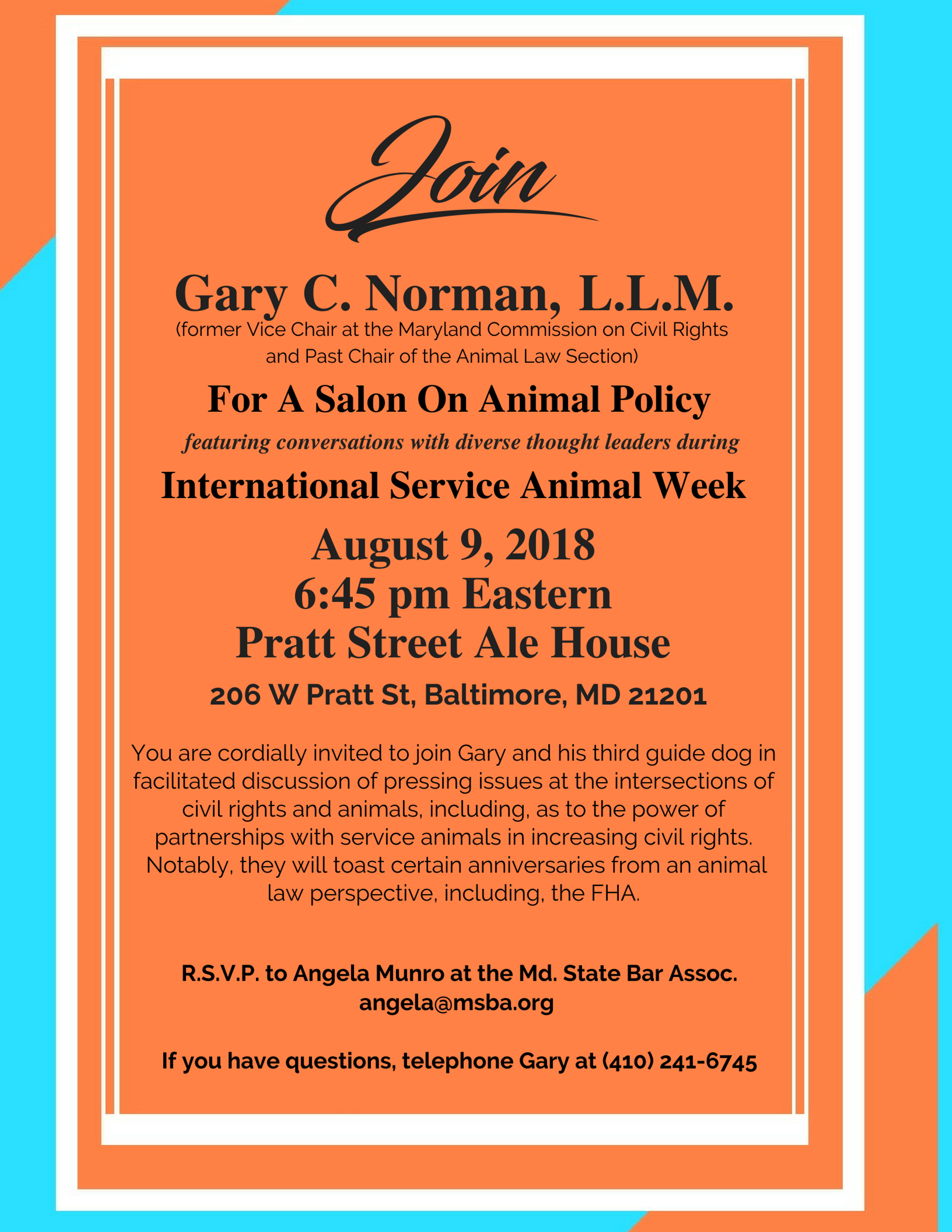 Animal Policy Salon with Gary C Norman, ADR, International Service Animal Week,